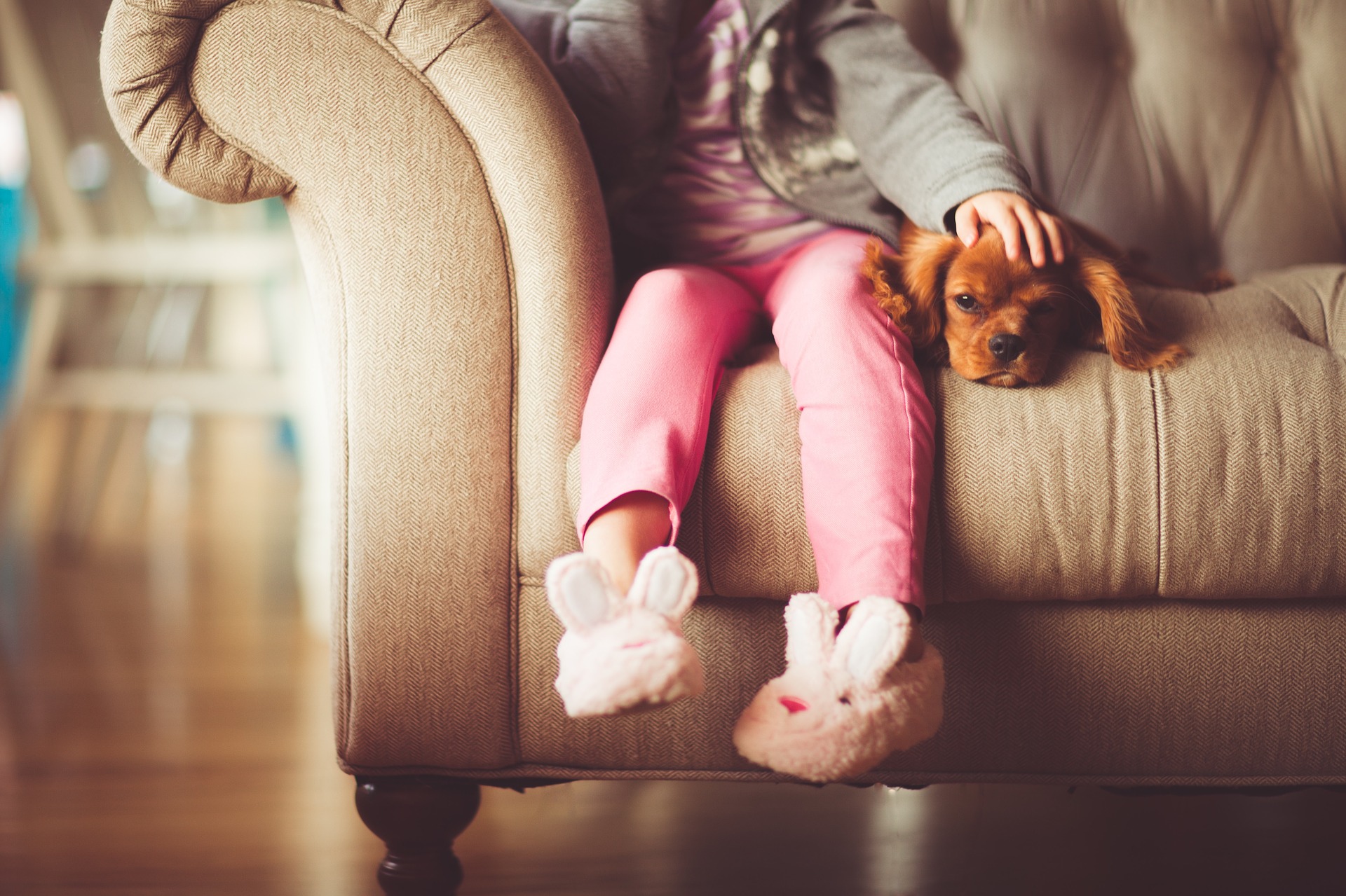 little kid sitting on couch with dog